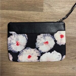 Miss Albright Anthropologie Floral Wristlet Clutch Black Leather Trim Red Lining